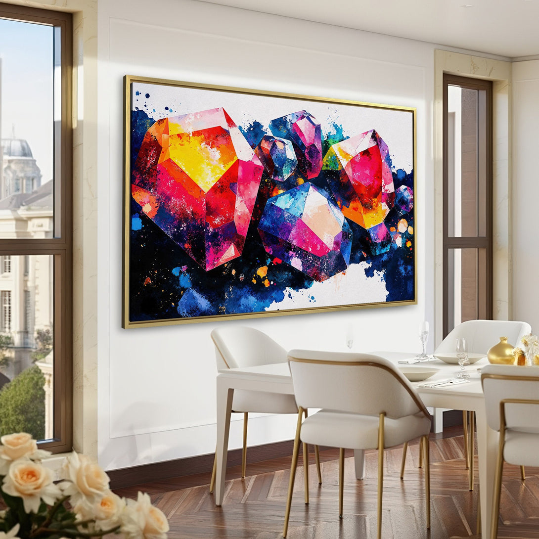 Vibrant Canvas Print of abstract watercolor crystals. Colorful artwork with red, yellow, and blue hues. Modern art for home decor.