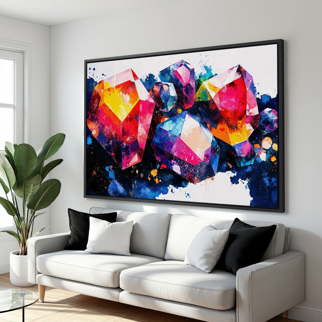 Framed Wall Art featuring vibrant, abstract gemstone art in a watercolor style. Colorful palette with red, yellow, blue, and purple hues. Perfect for modern decor.