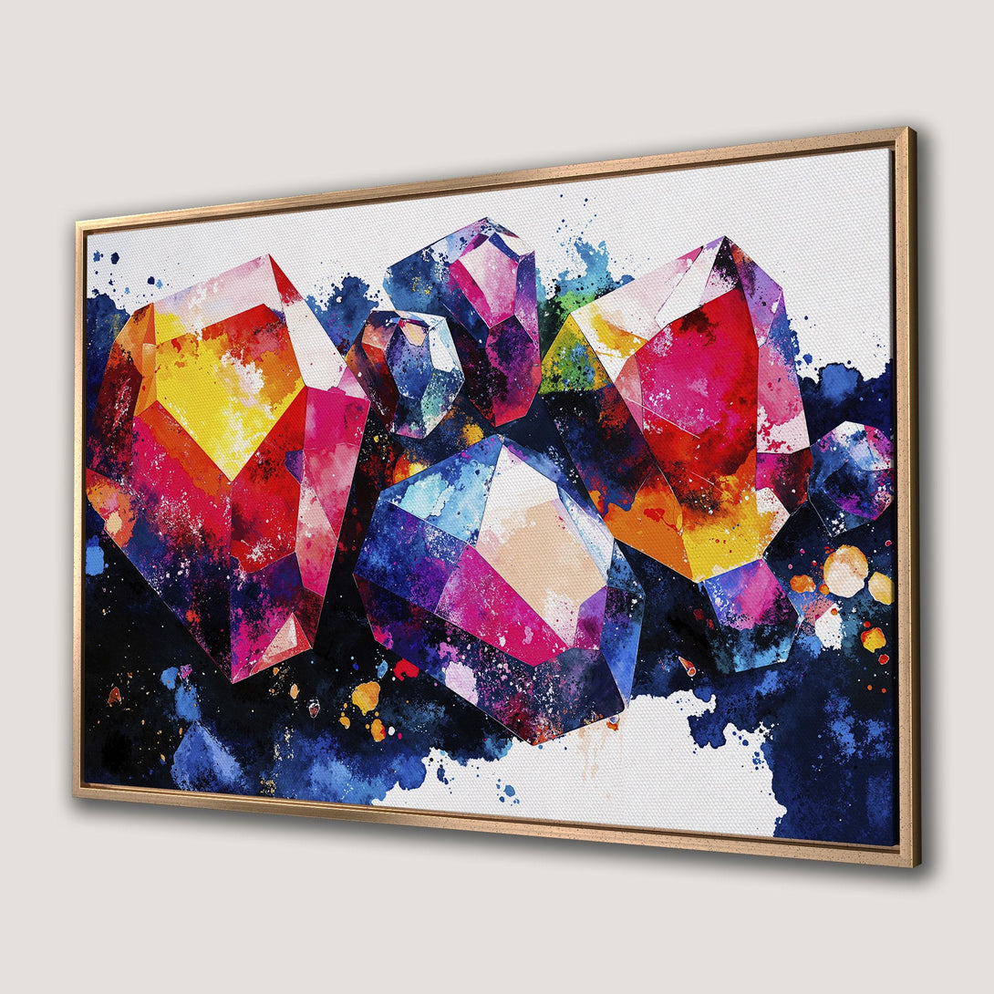 Framed Wall Art featuring vibrant watercolor crystals. Modern abstract art with a bold color palette of reds, blues, and yellows. Perfect for adding a pop of color!