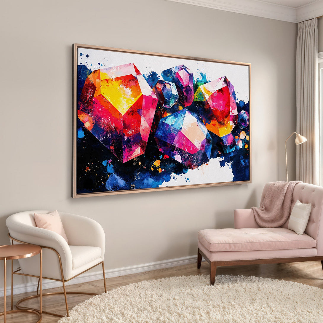 Framed Wall Art: Abstract watercolor crystals in vibrant red, blue, and yellow. Modern art canvas print perfect for home decor.