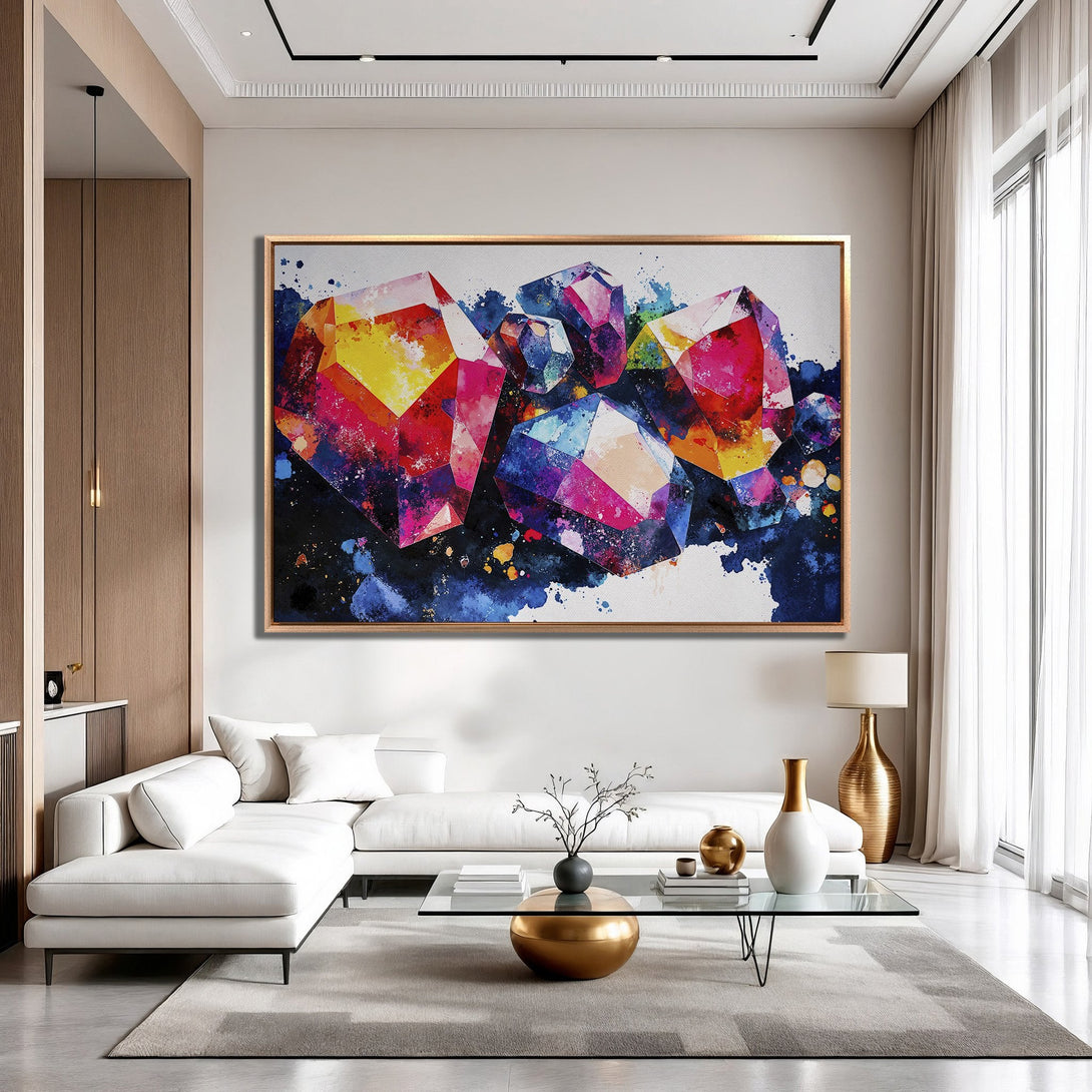 Framed Wall Art: Abstract gemstone painting with vibrant red, blue, and yellow hues. Modern art canvas print adds a pop of color to any interior.