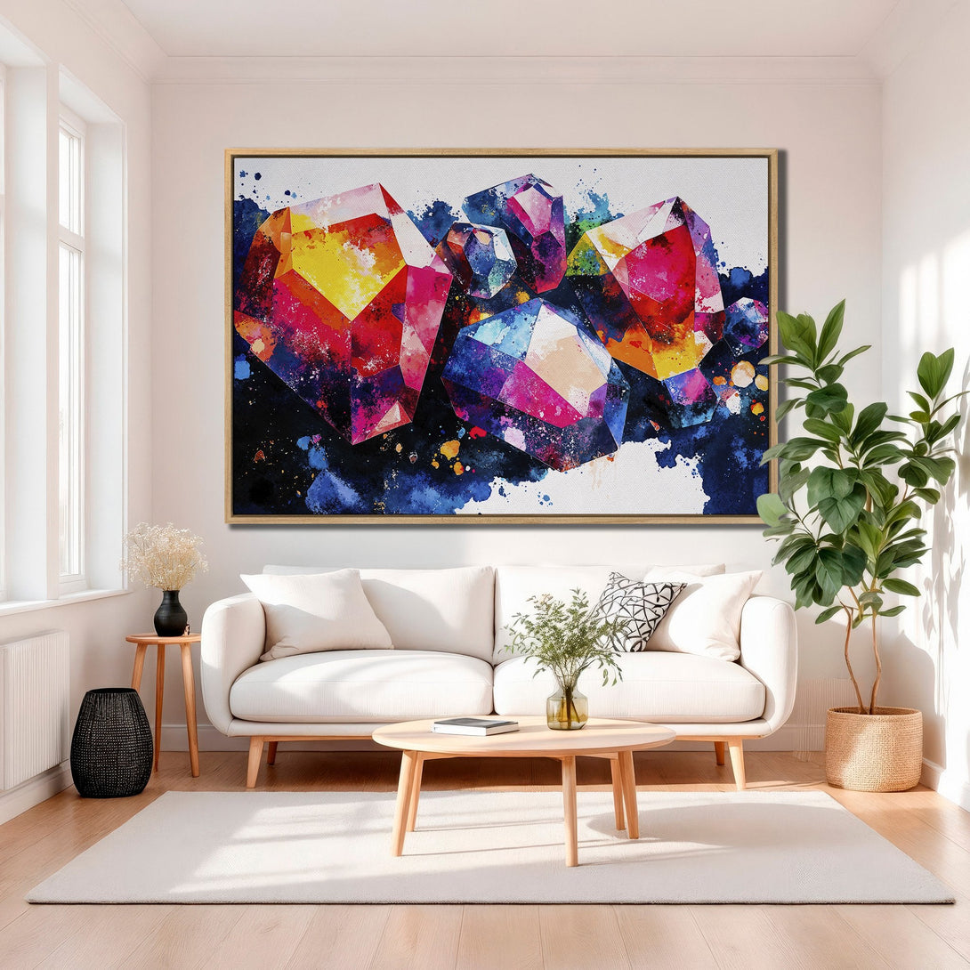 Framed Wall Art: Abstract watercolor crystals in vibrant red, blue, and yellow. Modern art canvas print adds a pop of color to any living room.