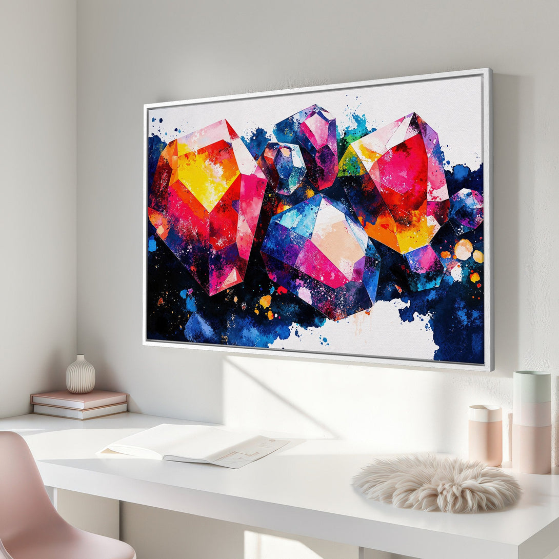 Framed Wall Art featuring vibrant watercolor crystals in a modern style. Colorful palette of red, blue, yellow, and pink. Perfect for home decor.