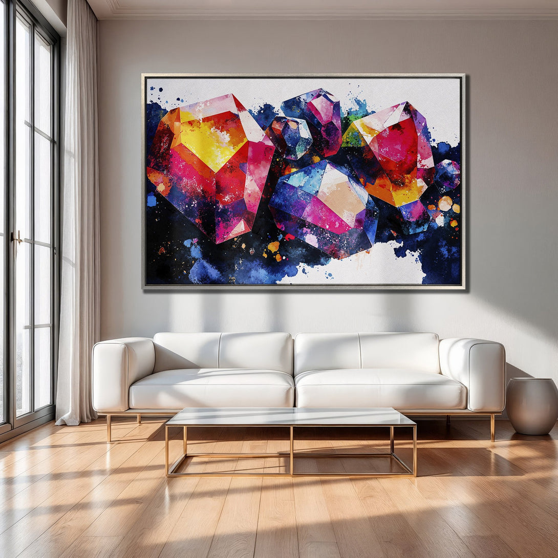Framed Wall Art: Abstract gemstone Canvas Print with vibrant watercolor style in a colorful palette of red, yellow, blue, and purple. Modern home decor.