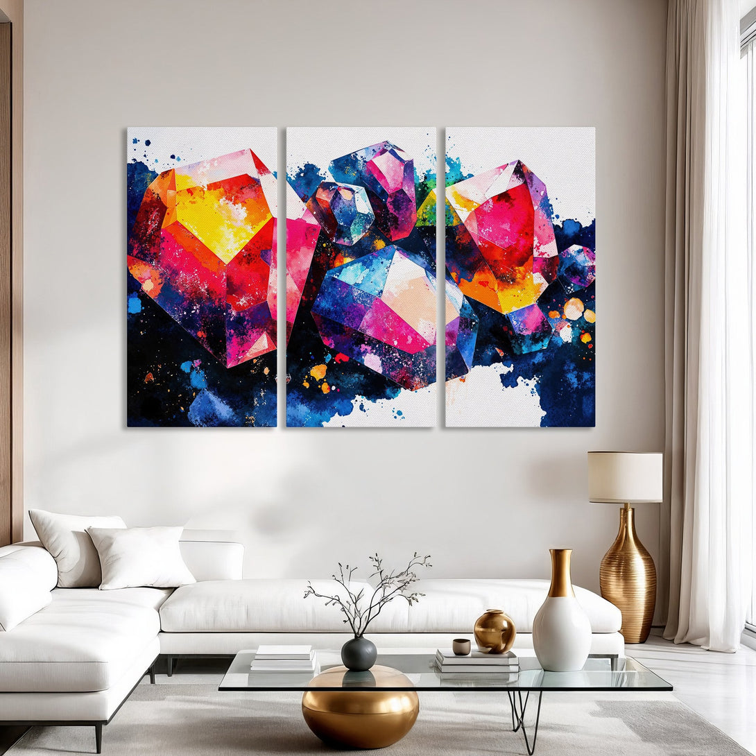 Abstract Canvas Print of colorful gemstones in a modern interior. Vibrant watercolor style with a palette of red, blue, yellow, and purple.