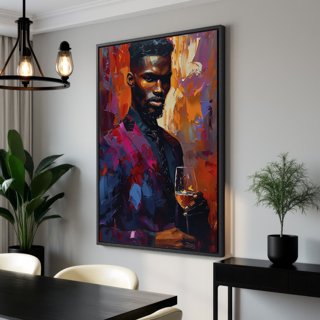Framed Wall Art featuring a stylish Black man with a glass of wine. Abstract, vibrant painting in a rich, warm color palette of reds, oranges, and blues. Perfect home decor.