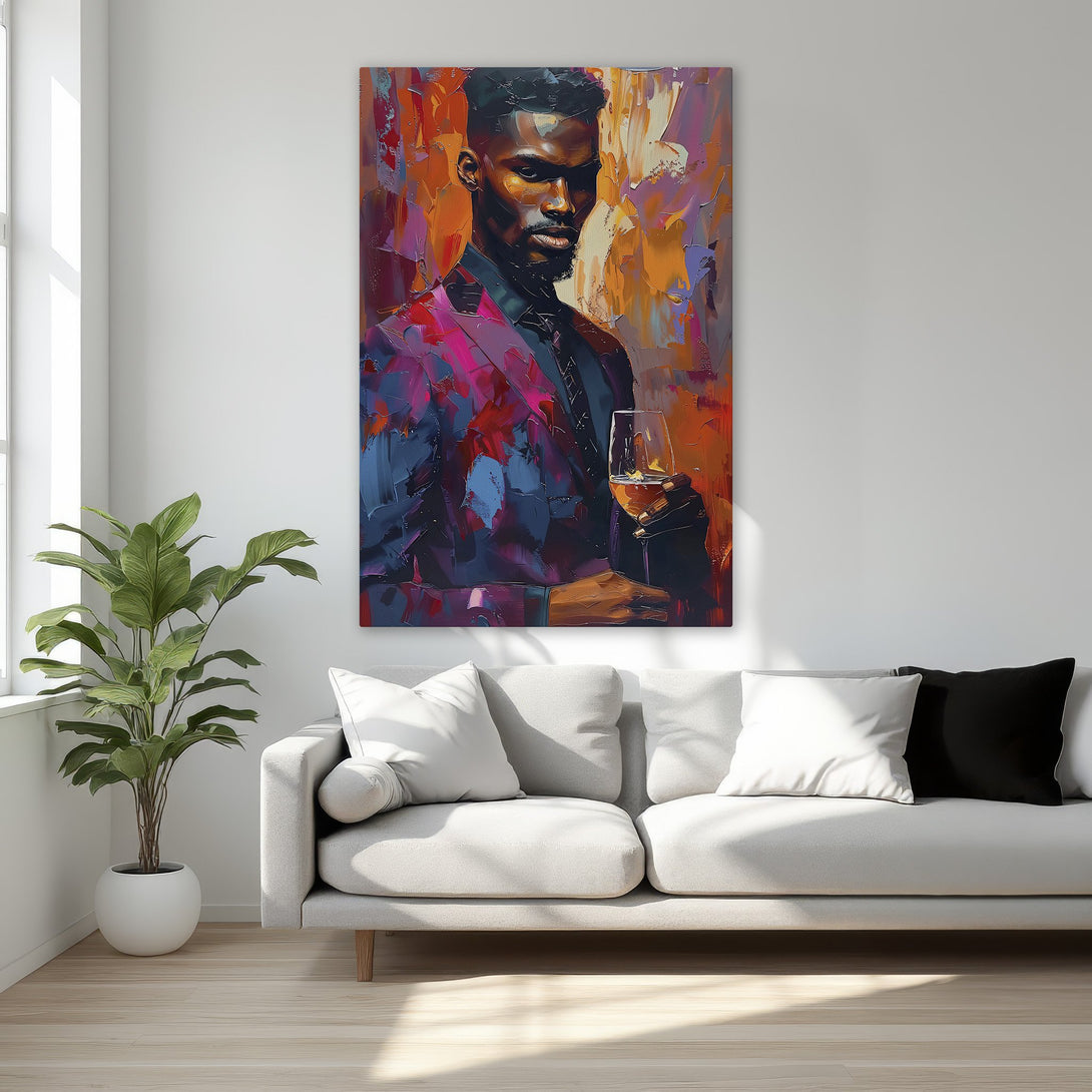 Framed Wall Art: Abstract portrait of a man in a suit, rich color palette of reds, oranges, and blues. Perfect for modern home decor.
