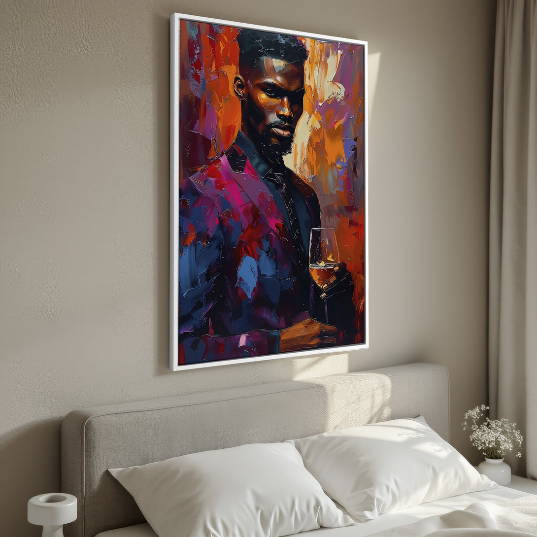 Framed Wall Art of a stylish Black man with a glass of wine. Modern, abstract painting in vibrant red, orange, and blue hues. Perfect for home decor.