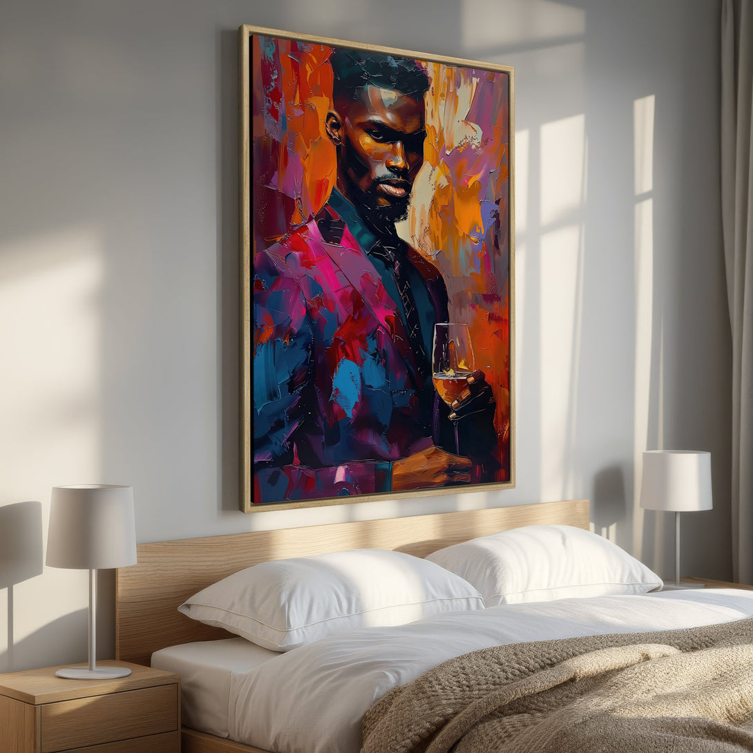 Framed Wall Art: Abstract portrait of a man with a glass of wine. Vibrant, colorful palette of blues, reds, and oranges. Perfect for modern decor.