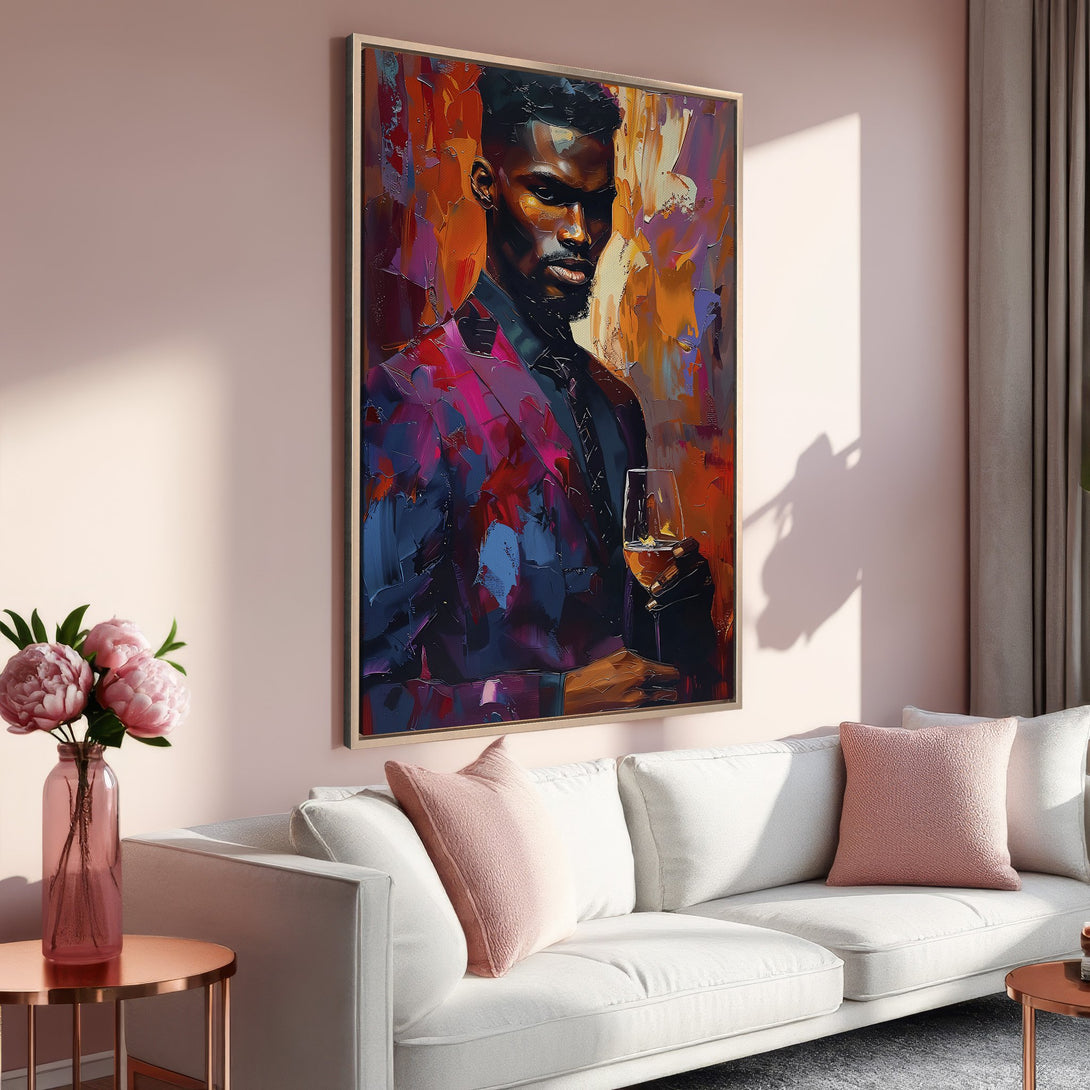 Framed Wall Art: Modern portrait of a Black man in a suit, vibrant abstract style with bold red, blue, and orange hues. Perfect for stylish home decor.