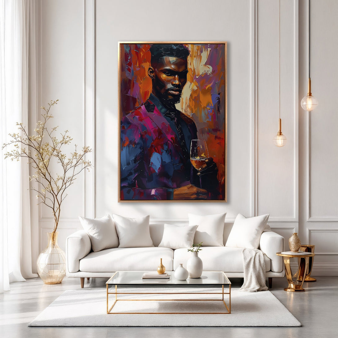 Framed Wall Art: Stylish portrait of a man with a glass of wine. Modern, colorful abstract art with rich red, blue, and orange hues. Elevate your space!