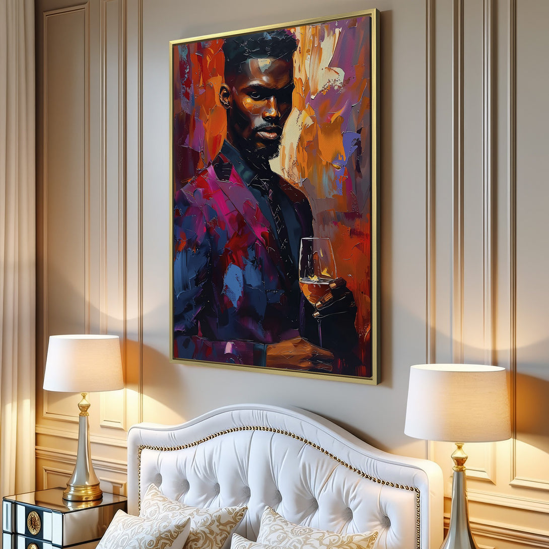 Canvas Print of a stylish man with a glass of wine, abstract art style, vibrant color palette of blues, oranges, and reds. Perfect wall decor!