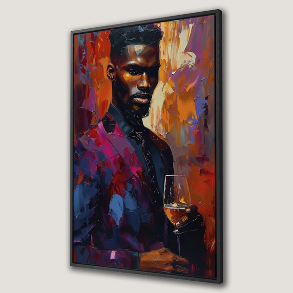 Framed Wall Art: Abstract portrait of a Black man with a glass of wine. Rich, vibrant color palette of orange, purple, and blue. Elevate your decor!