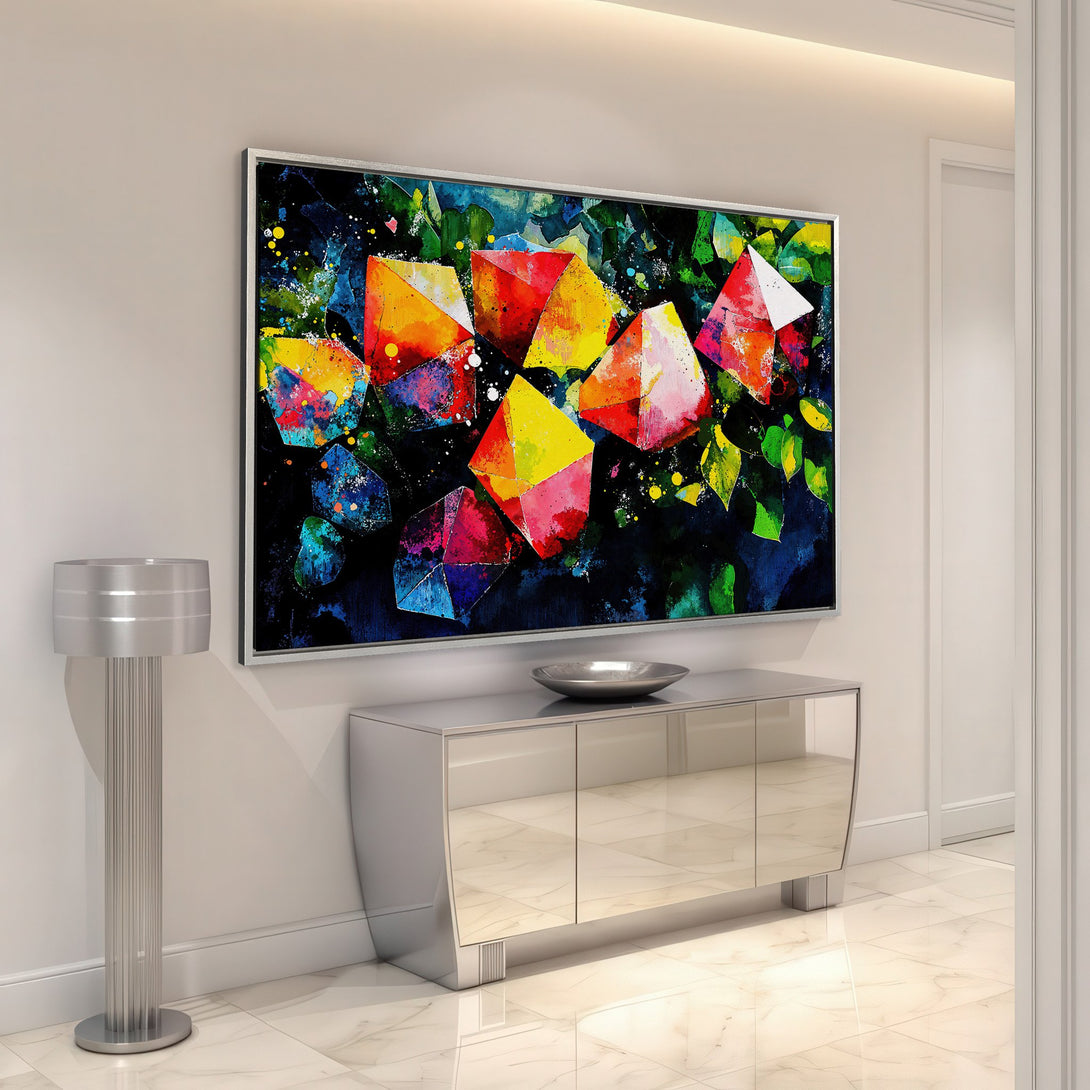 Framed Wall Art: Abstract geometric Canvas Print with a vibrant, colorful palette of red, yellow, blue, and green. Modern art for your home decor.