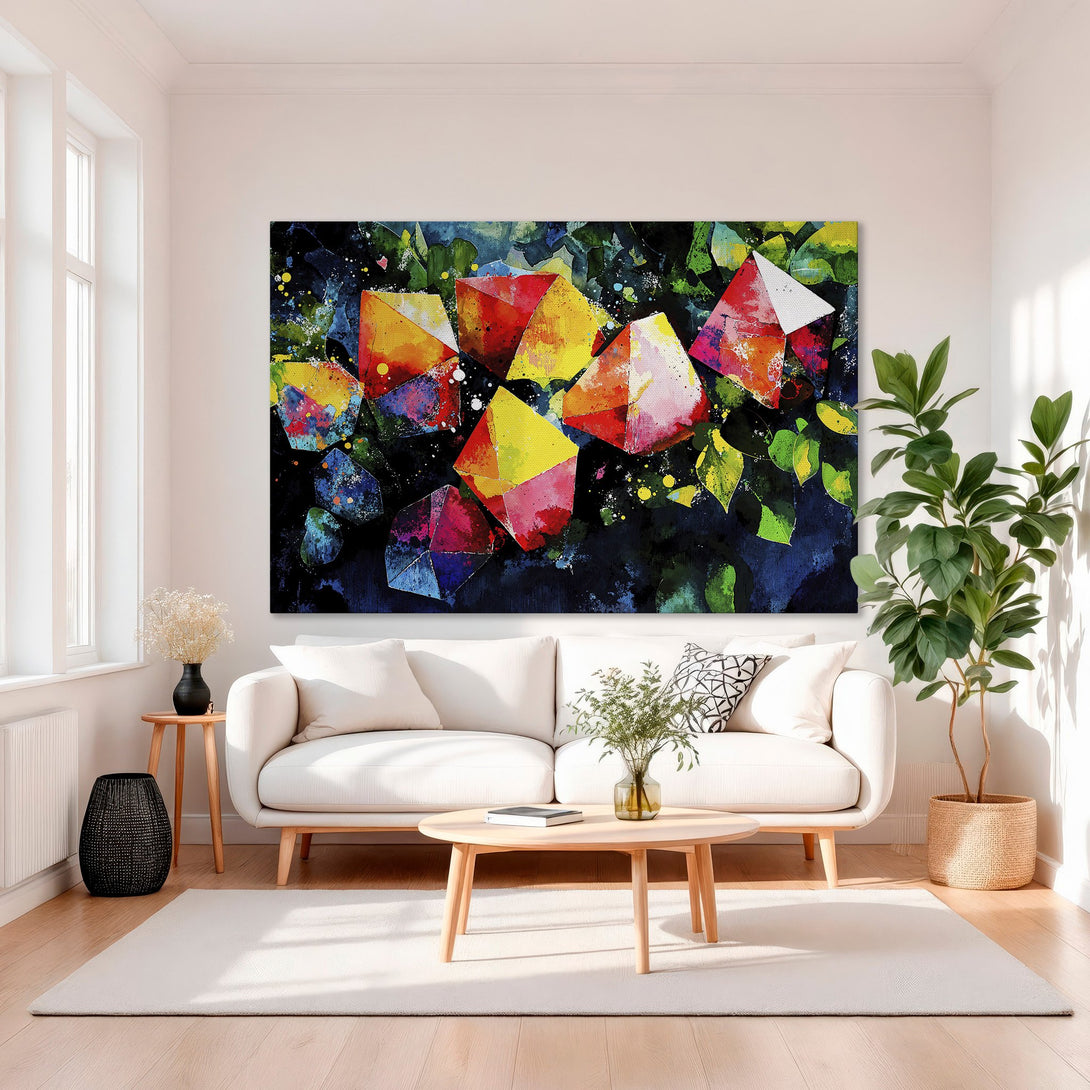 Framed Wall Art: Abstract geometric art in vibrant colors. Modern canvas print with a dark background, pops of red, yellow, and blue. Perfect for home decor.