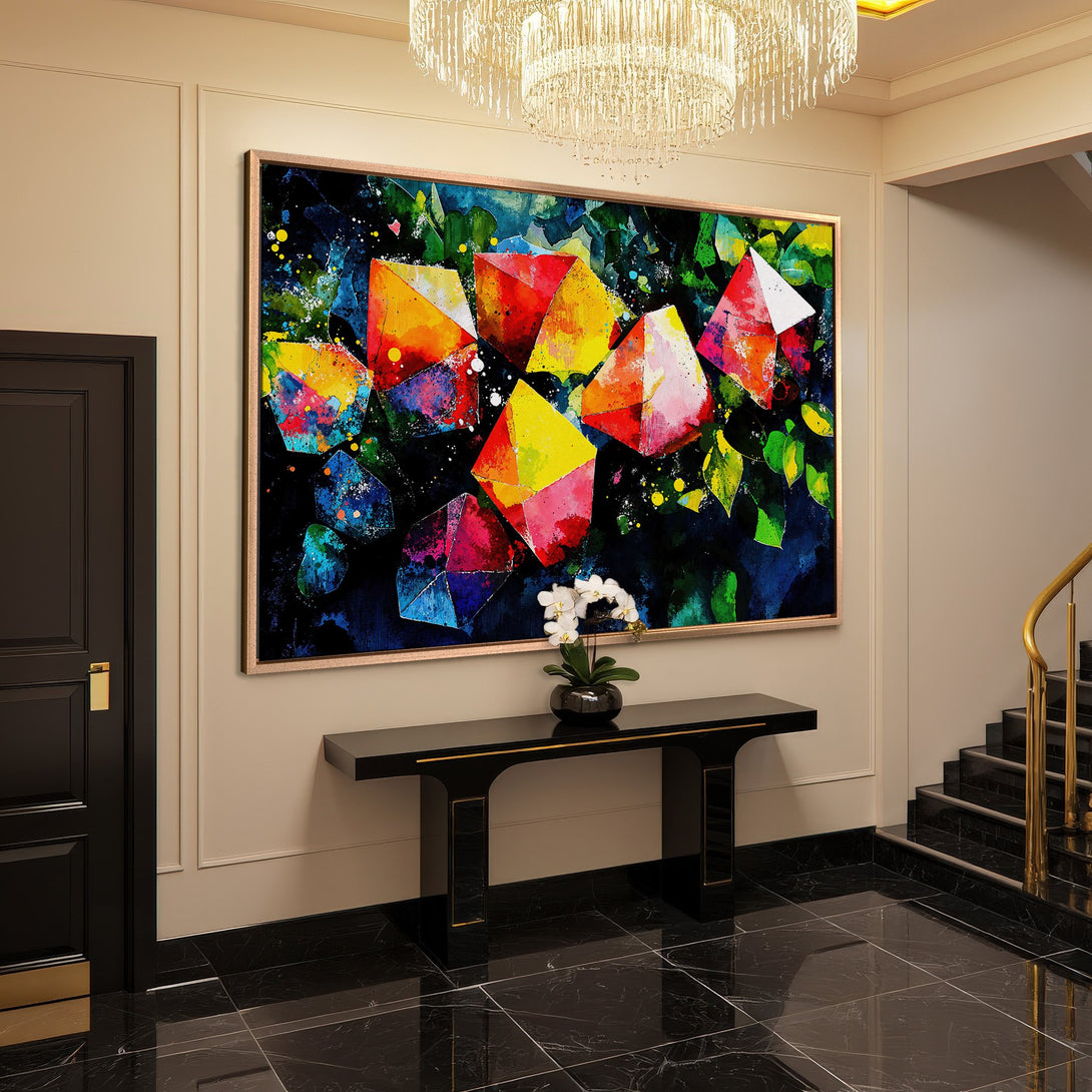 Framed Wall Art: Abstract geometric canvas print with vibrant colors. Modern art for home decor, featuring red, yellow, and blue hues.