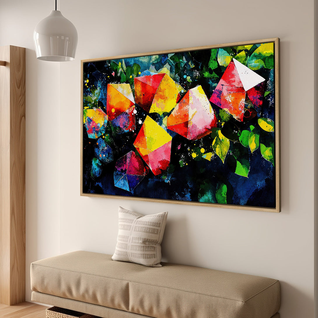 Framed Wall Art: Abstract geometric art in vibrant red, yellow, and blue hues. Modern canvas print adds a pop of color to any interior.