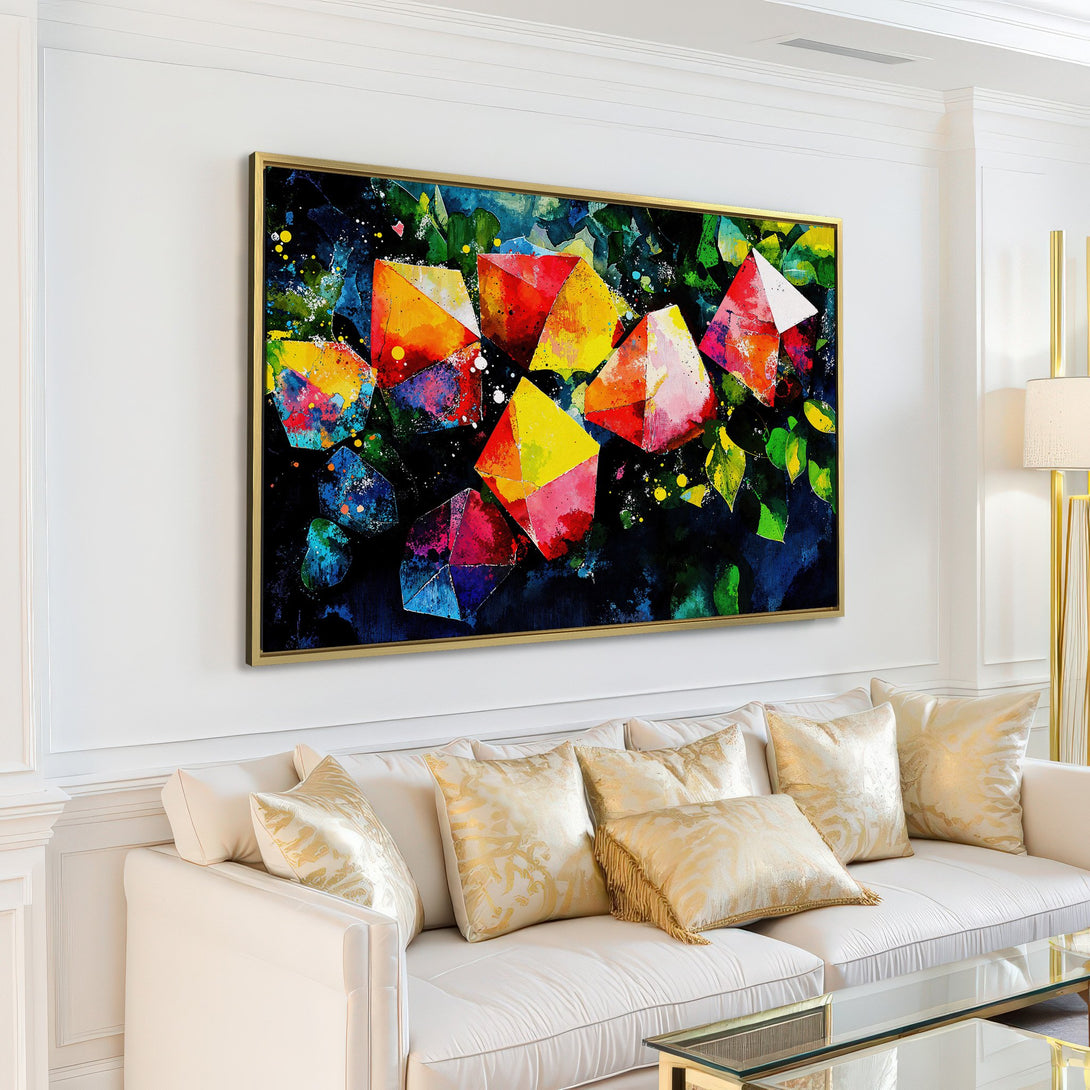 Abstract Canvas Print with geometric shapes in vibrant red, yellow, and blue against a dark background. Modern art for your living room.