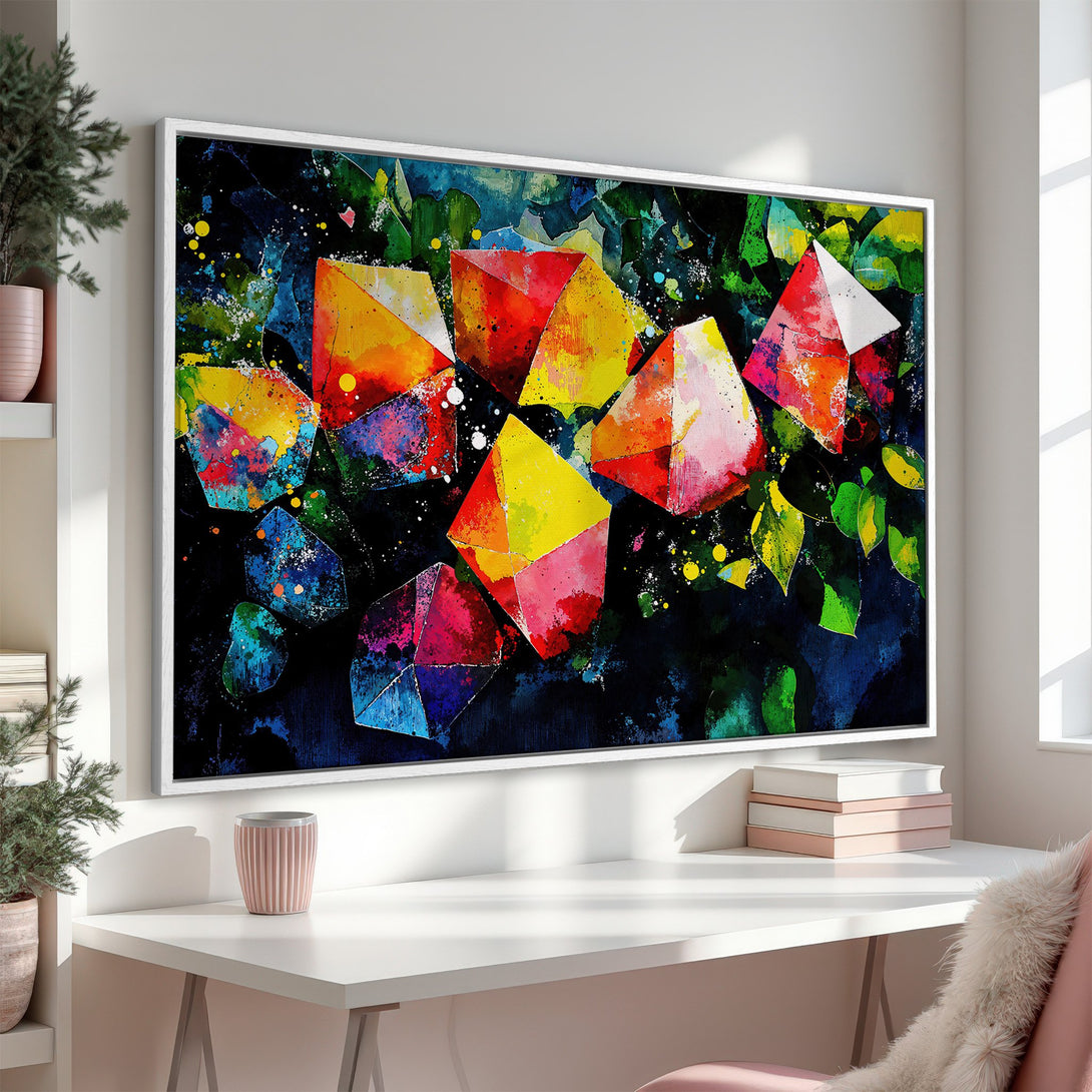 Framed Wall Art featuring abstract geometric shapes in vibrant colors. Modern art canvas print adds a pop of color to any room.