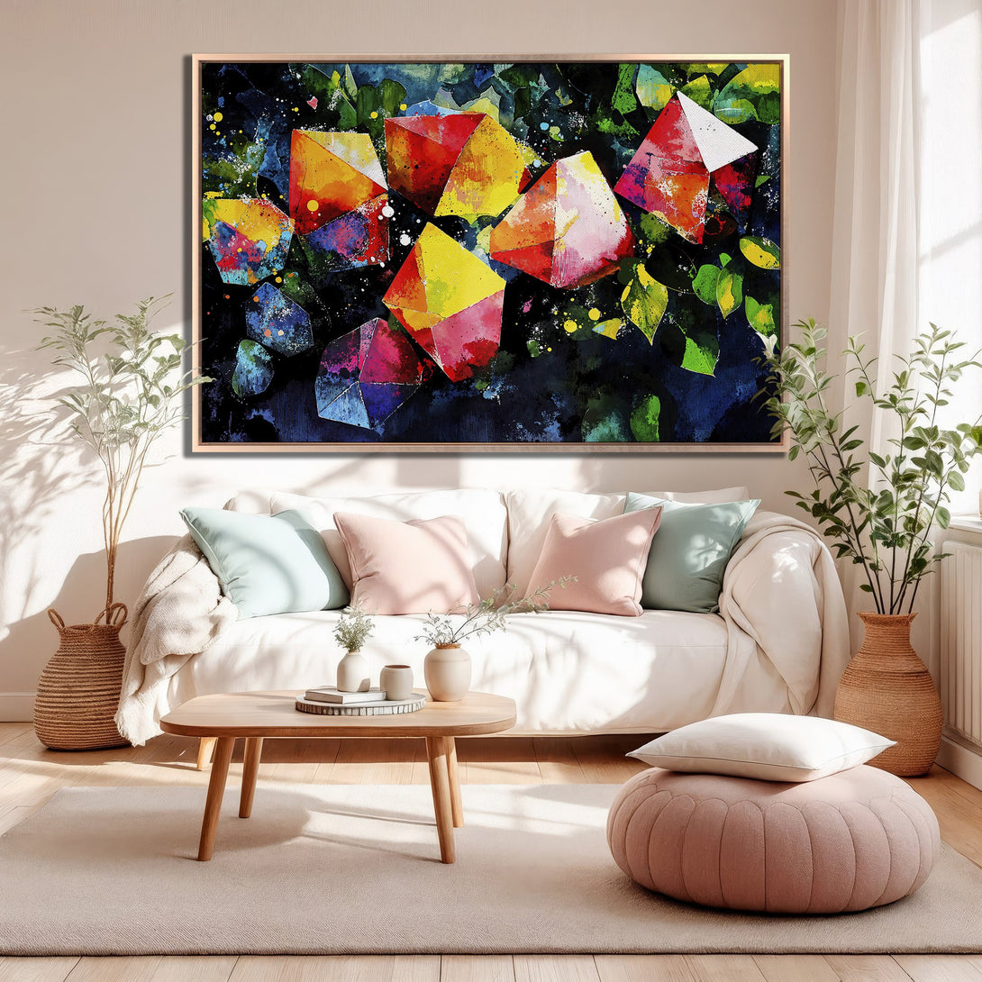 Framed Wall Art featuring abstract geometric shapes in vibrant red, yellow, and blue hues. Modern art canvas print adds a pop of color to any living room.