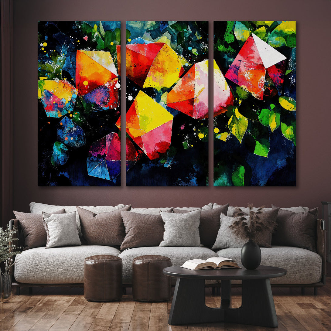 Abstract Canvas Print triptych featuring colorful geometric shapes on a dark background. Modern wall art with a vibrant, warm color palette.