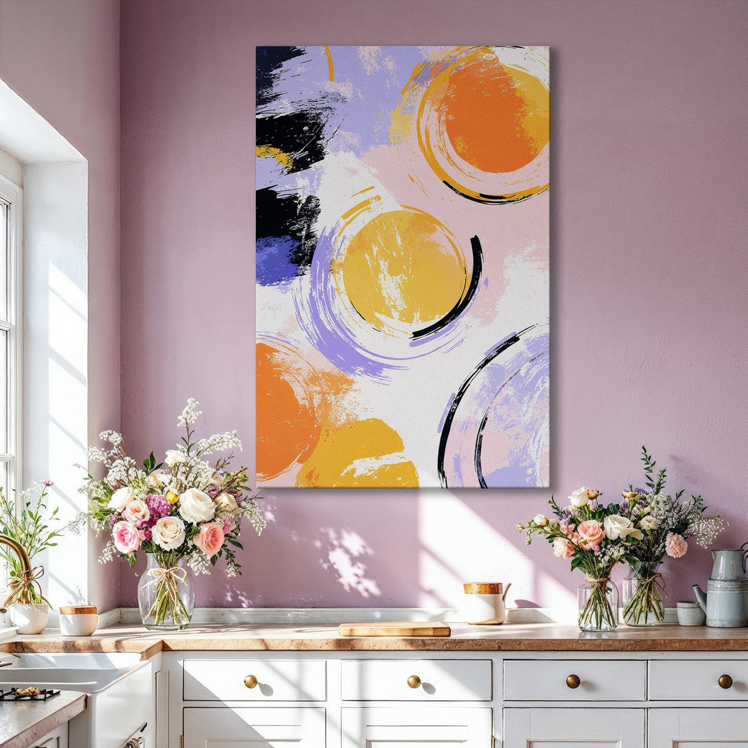 Framed Wall Art: Abstract brushstroke circles in yellow, orange, purple, and black. Modern art canvas print adds a pop of color to any interior.