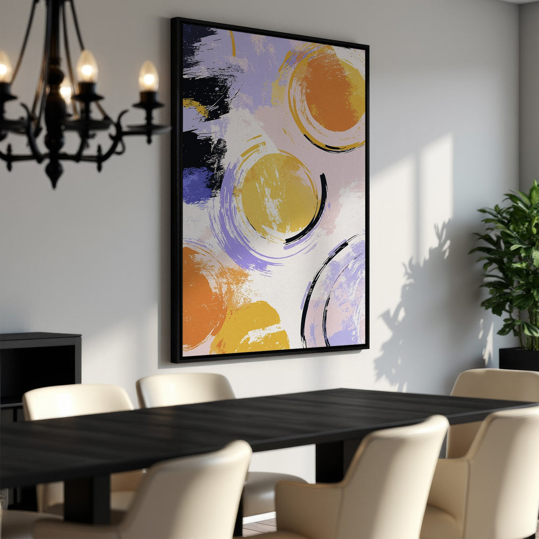 Framed Wall Art: Abstract brushstroke circles in orange, yellow, and purple. Modern art canvas print perfect for dining room decor.