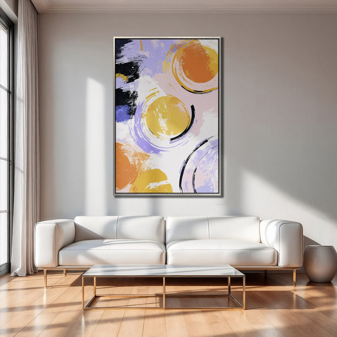 Framed Wall Art: Abstract brushstroke circles in orange, yellow, and purple. Modern art canvas print adds a pop of color to any living room.
