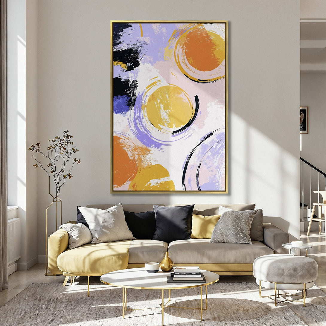 Abstract Canvas Print with brushstroke circles in orange, yellow, purple, and black. Modern art for kitchen decor.