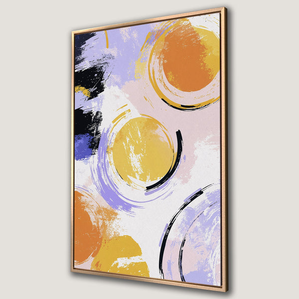 Framed Wall Art: Abstract art canvas print with brushstroke circles in orange, yellow, purple, and black. Modern art for your home decor.