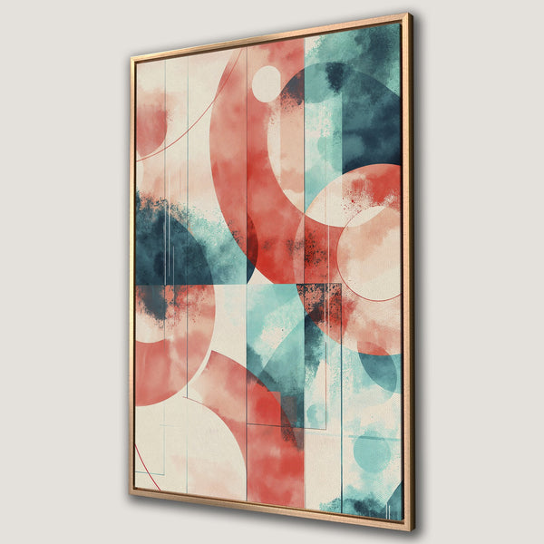 Framed Wall Art: Abstract geometric art in watercolor style. Features red, teal, and cream color palette. Perfect for modern home decor.