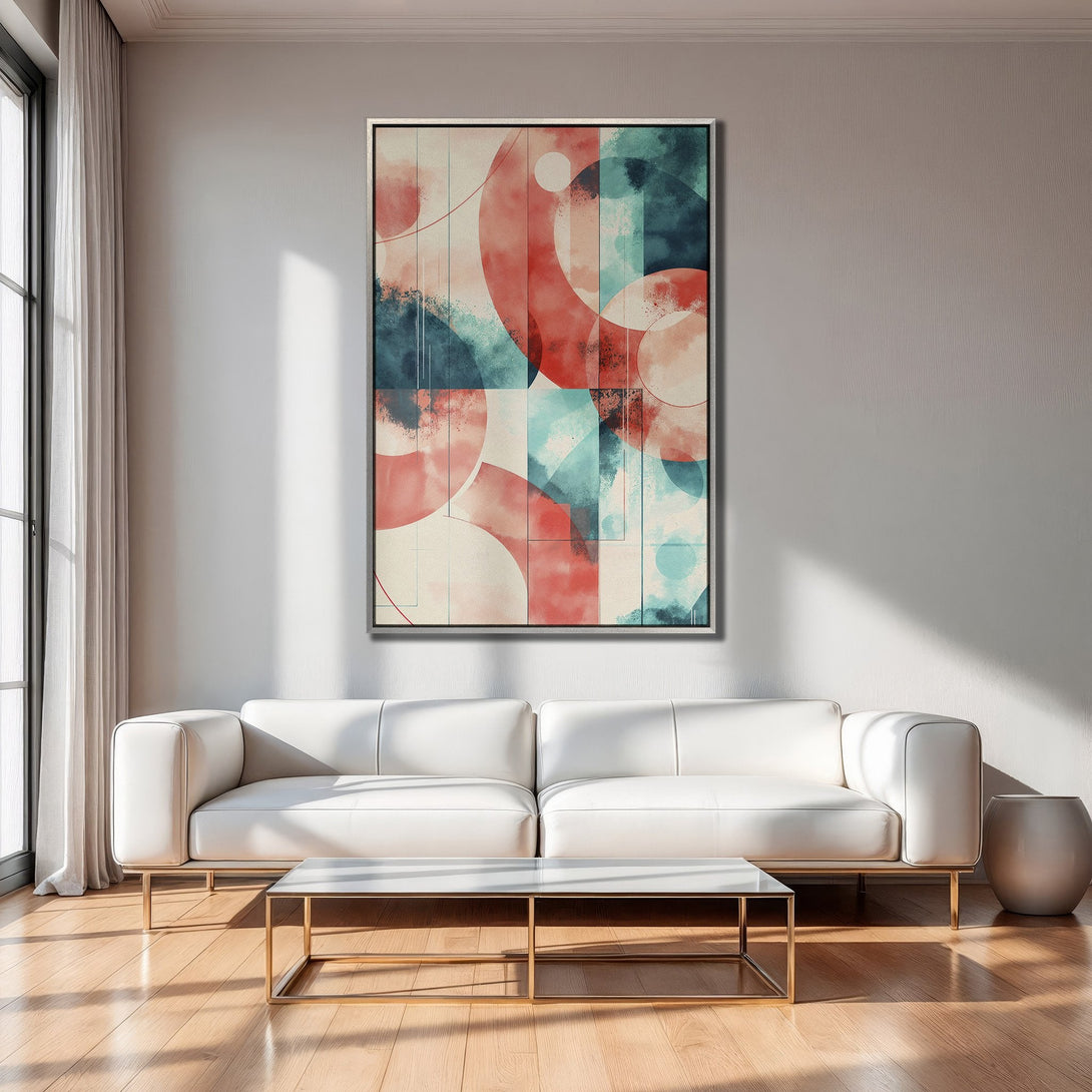 Framed Wall Art abstract geometric design in red, teal, and cream. Modern Canvas Print adds a pop of color to any living room.