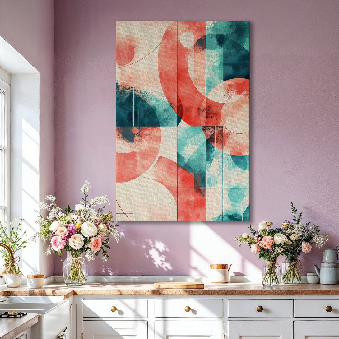 Framed Wall Art: Abstract geometric design in red, teal, and cream. Modern canvas print adds a pop of color to any living room. Shop now!