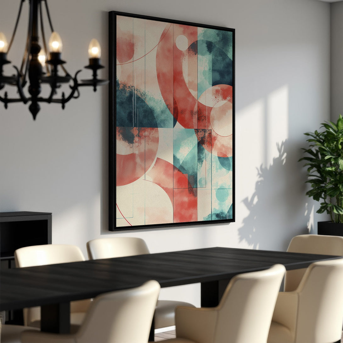 Framed Wall Art featuring abstract geometric design in red, teal, and beige tones. Modern art perfect for dining room decor.