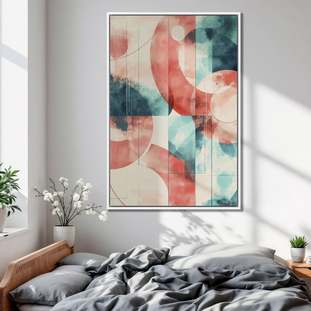 Framed Wall Art: Abstract geometric design in watercolor style. Features red, teal, and neutral tones. Perfect bedroom decor for a modern, calming aesthetic.