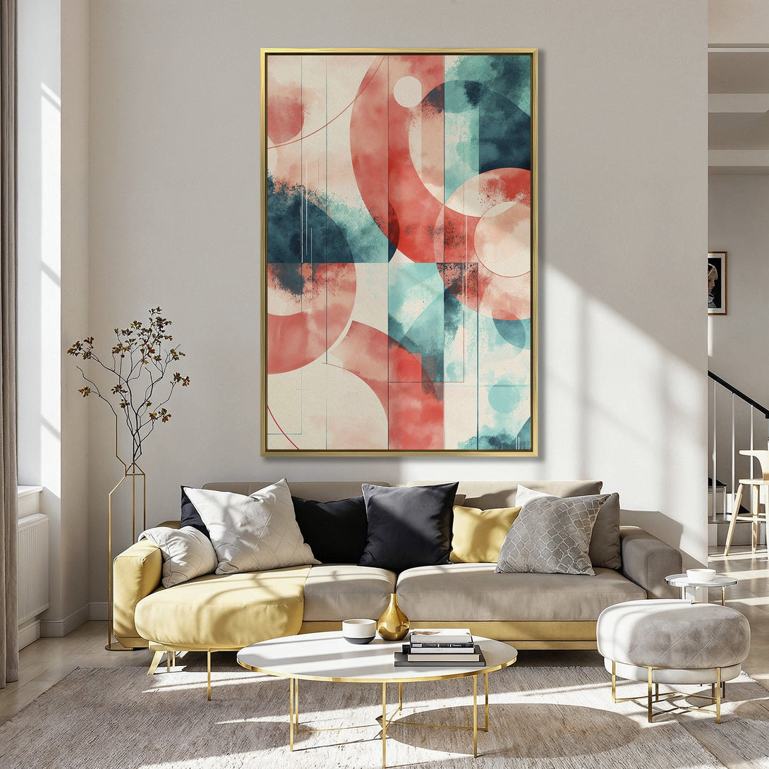 Canvas Print featuring an abstract geometric design in coral, teal, and cream. Modern art style, perfect for adding a pop of color to any space.
