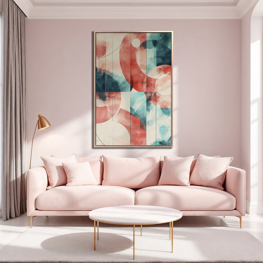 Framed Wall Art featuring abstract watercolor design in blush, teal, and navy. Modern canvas print adds a touch of elegance to any living room.