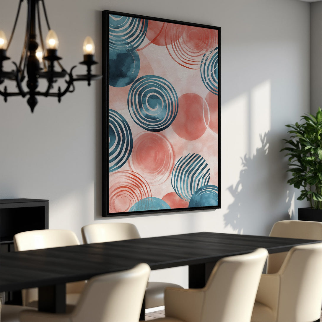Framed Wall Art featuring abstract watercolor circles in teal and coral. Modern art canvas print adds a pop of color to any dining room!