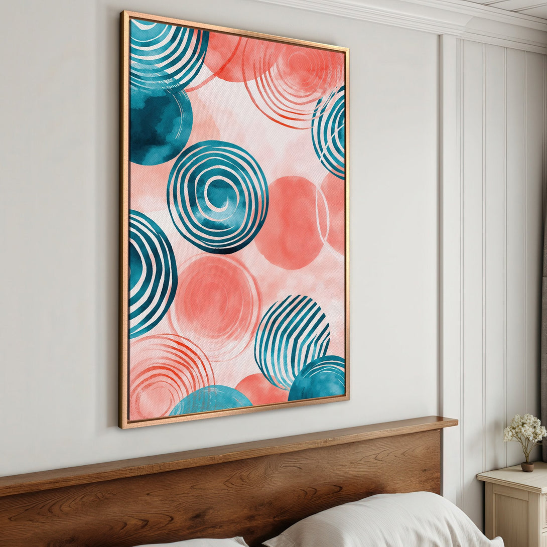Framed Wall Art featuring abstract watercolor circles in teal and coral. Modern art print for bedroom decor.