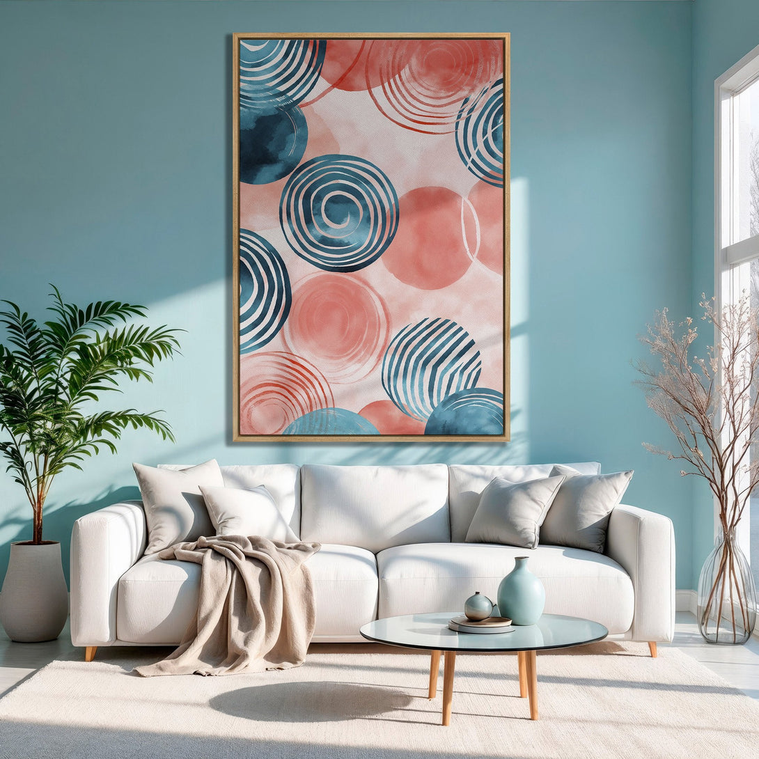 Framed Wall Art featuring abstract circles in watercolor style. Modern decor with blue, coral, and neutral color palette. Perfect for living room or bedroom.