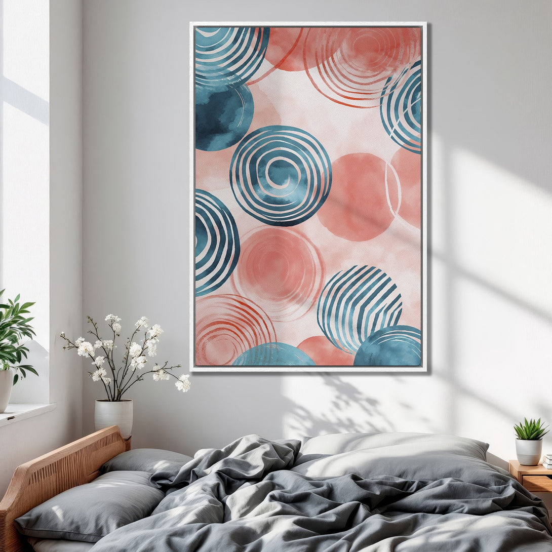 Framed Wall Art featuring abstract watercolor circles in teal and coral. Modern art for bedroom decor, adds a pop of color and style.
