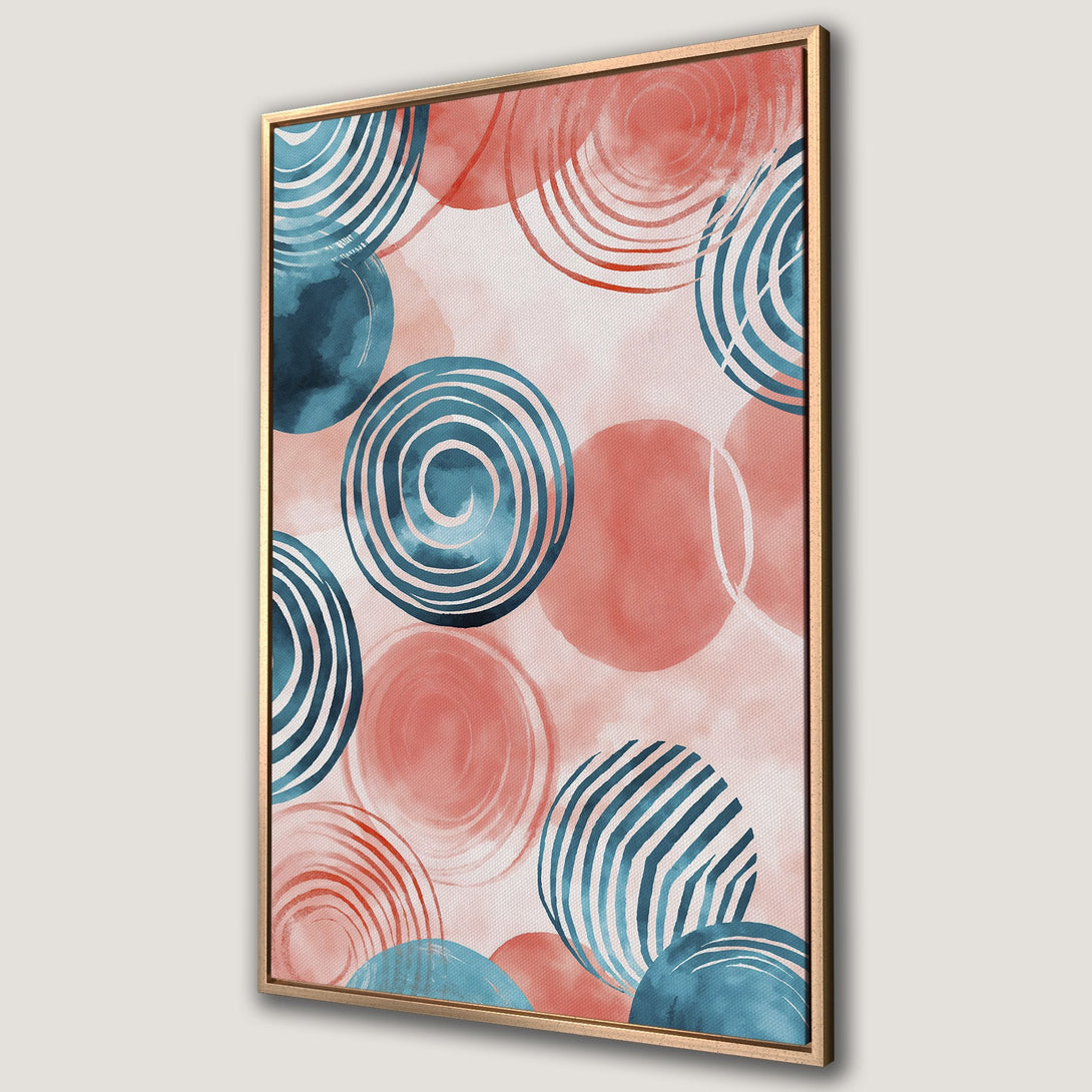 Framed Wall Art featuring abstract watercolor circles in teal and coral, perfect for adding a modern touch to any space. Canvas Print.