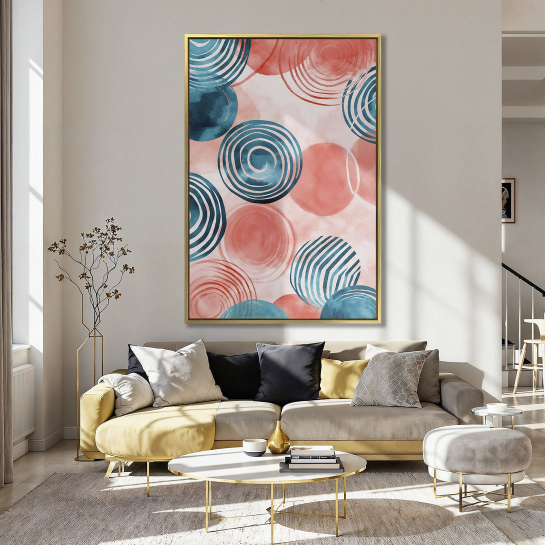 Abstract Canvas Print with teal and coral circles, displayed in a kitchen setting. Modern art with a watercolor style, perfect for home decor.