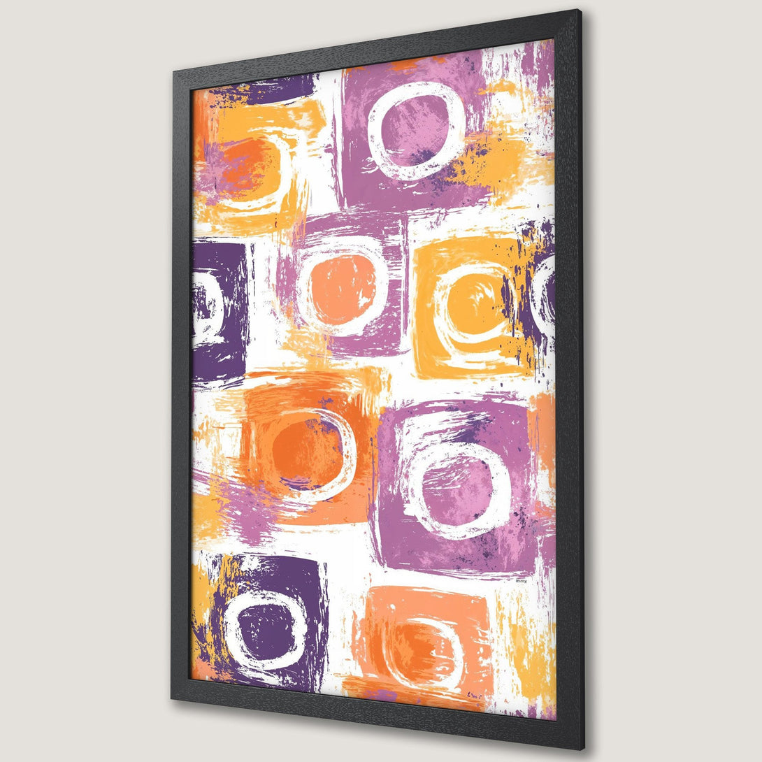 Framed Poster featuring abstract art with bold brushstrokes in orange, purple, and yellow. Modern wall art to brighten any space.
