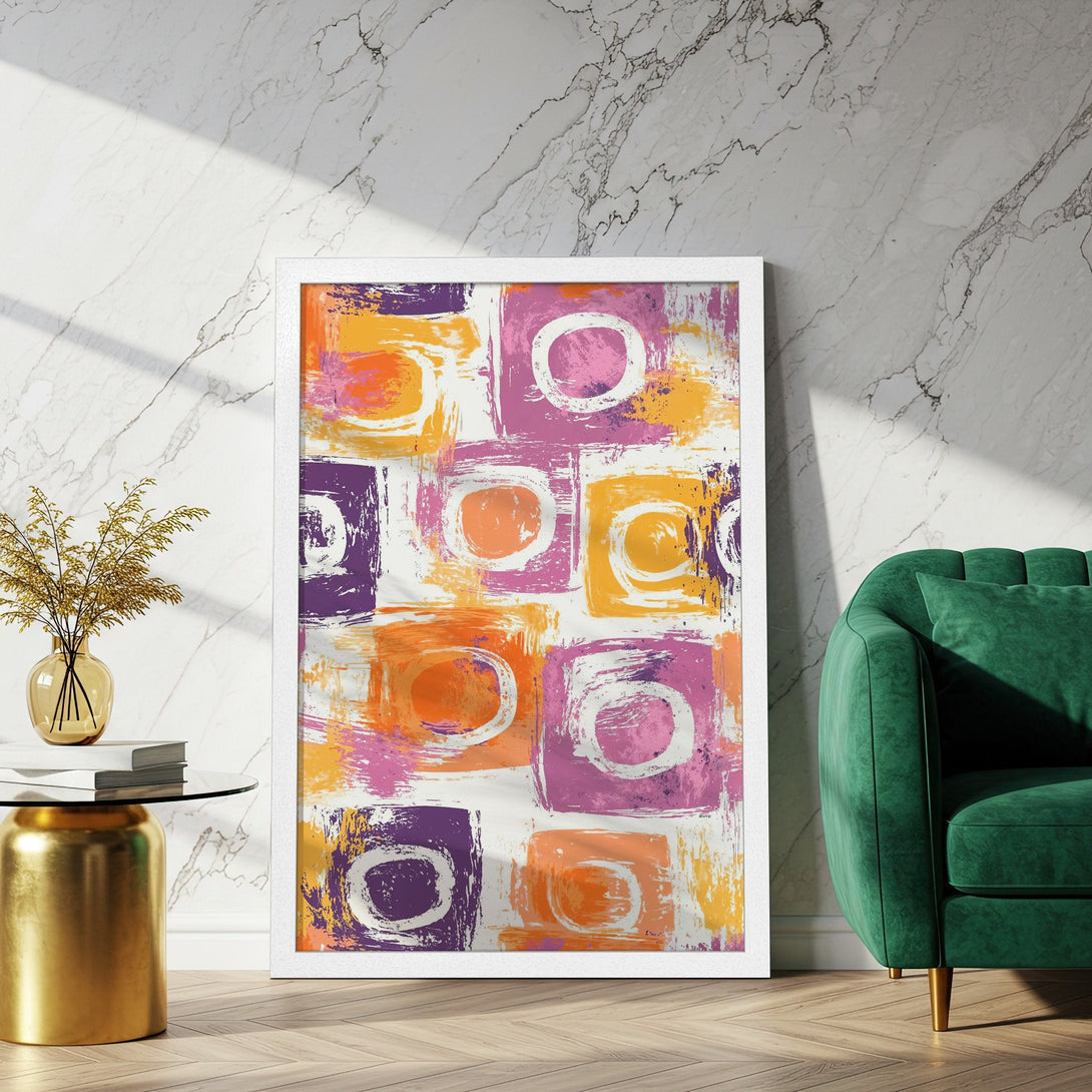 Framed Poster featuring abstract art in a vibrant palette of purple, orange, and pink. Modern art for your home decor.