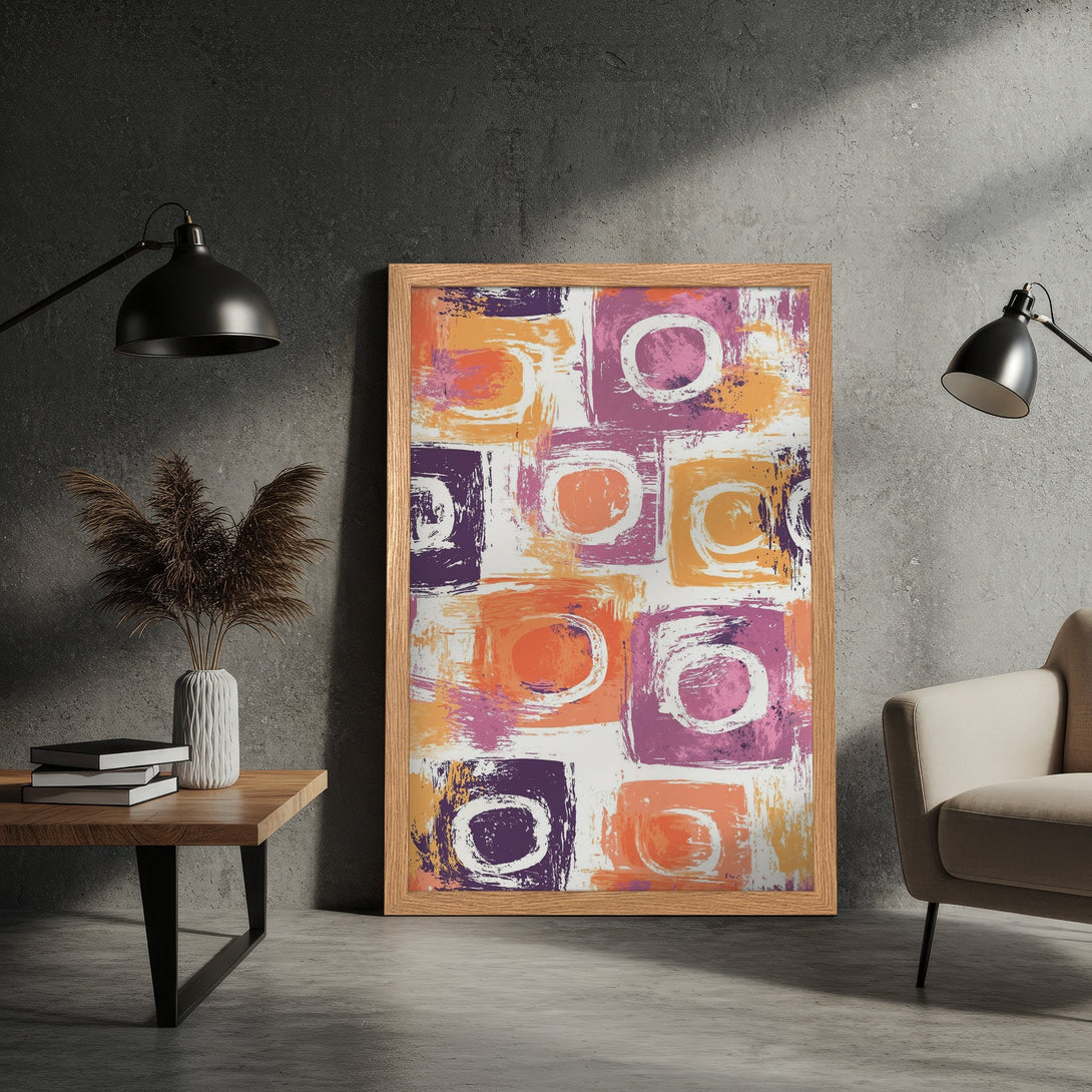 Framed Poster featuring abstract art with colorful squares in orange, purple, and pink hues. Modern decor for your home.