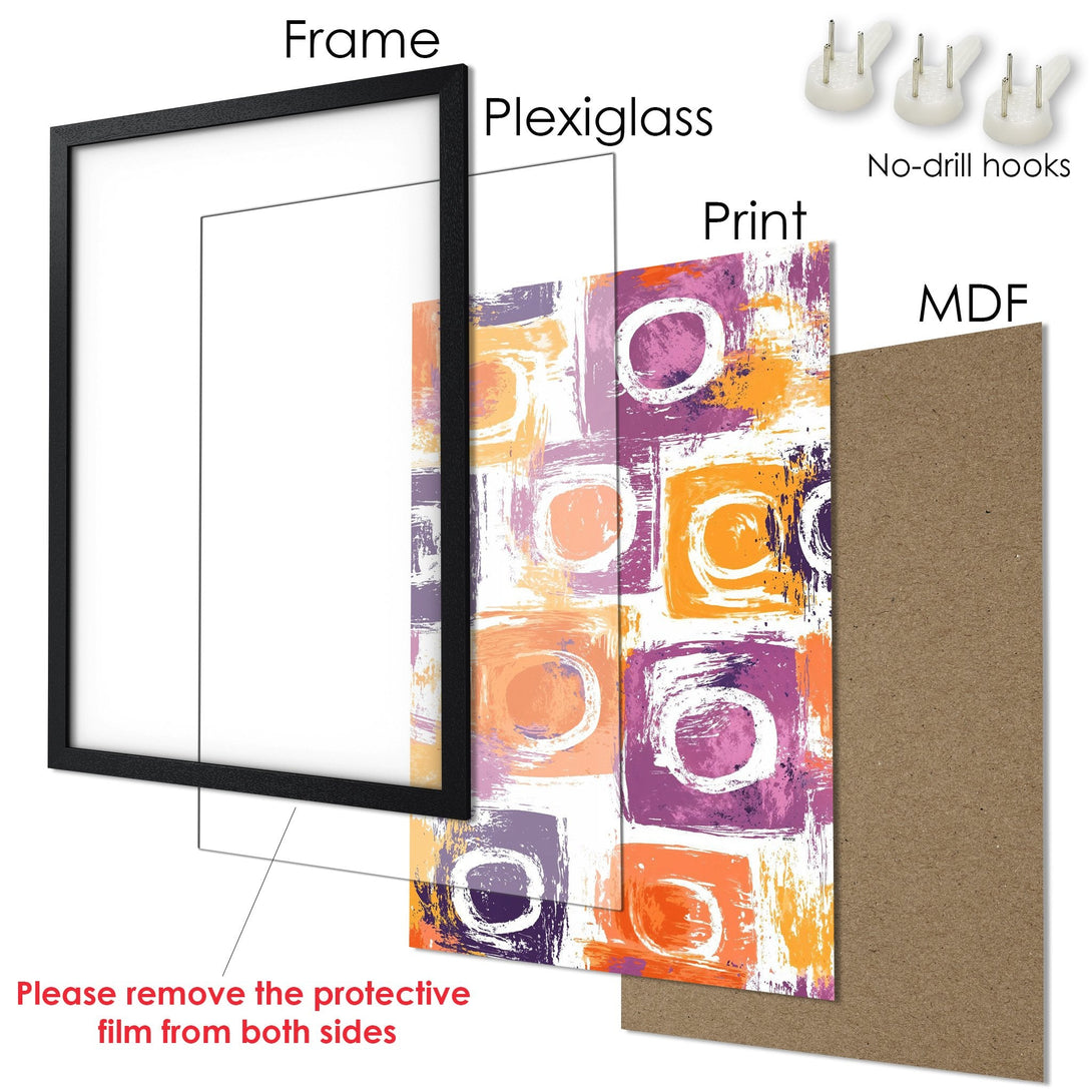 Framed Poster with abstract art in orange, purple, and white color palette. Modern wall art for your home.
