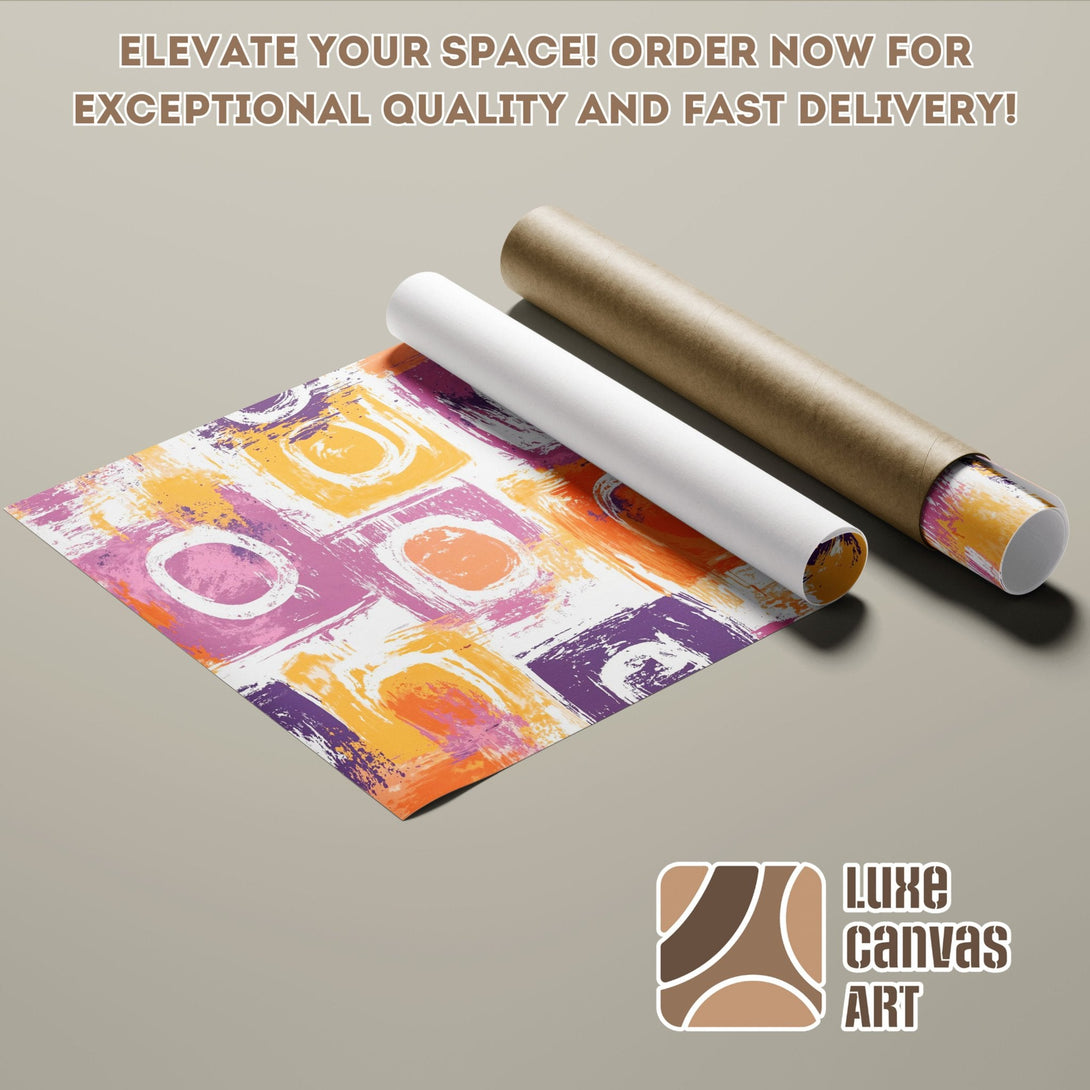 Abstract art Poster Roll in vibrant purple, orange, and yellow hues. Elevate your space with this unique art piece!