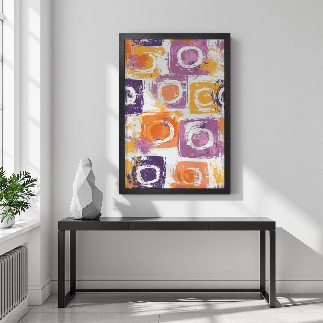 Framed Poster featuring abstract art in a vibrant orange, purple, and yellow color palette; perfect for modern home decor.