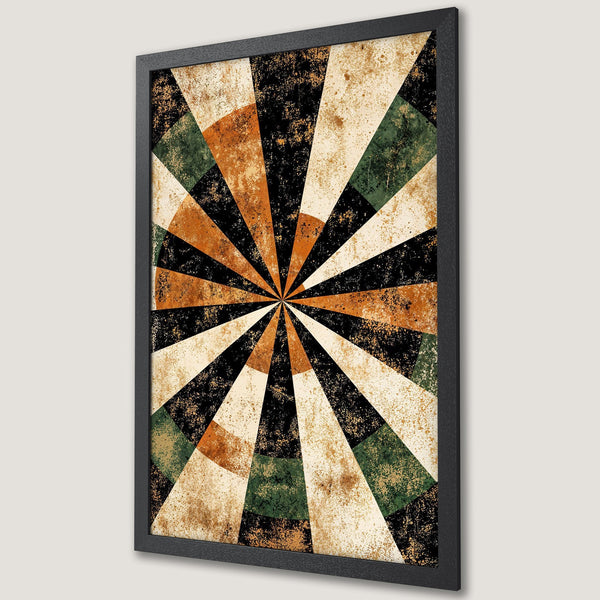 Framed Poster featuring a retro sunburst design in earthy tones of orange, green, and black. Perfect wall art for a stylish space.